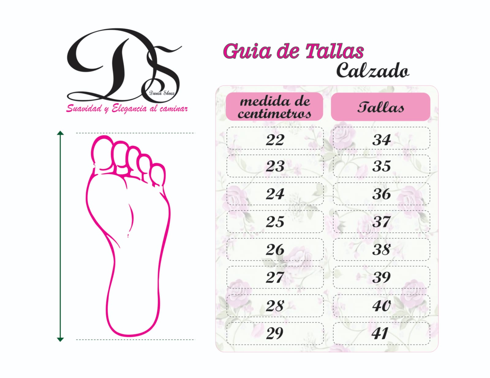 Dunia Shoes, venta de calzado bogotá, guía de tallas